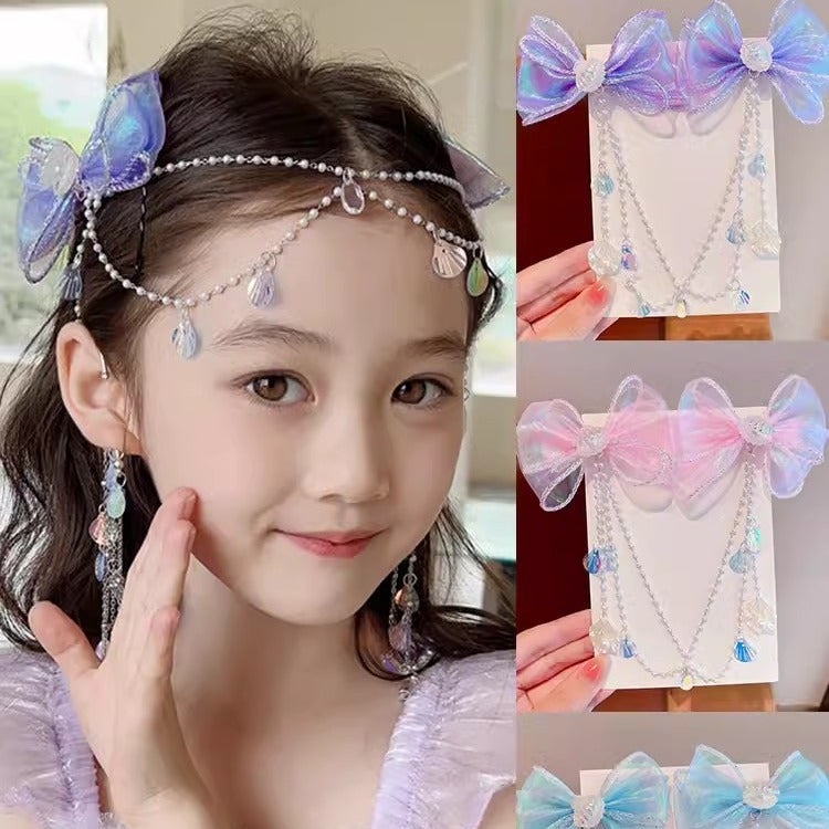 Children'S Mermaid Shell Hairpin Bowknot Girl'S Tassel Forehead Chain Princess Headwear Little Girl'S Ear Hanging Colorful - Image 4